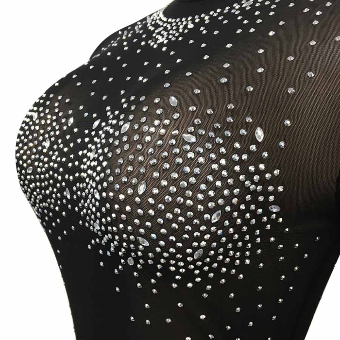 Sexy Round Neck Long-sleeved Nightclub Diamond Perspective Jumpsuit