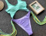Block Color One-Piece Tassle Swimwear