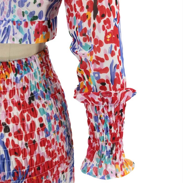 Ladies Chiffon Printed Long Sleeve Wide Legs Irregular Casual Suit