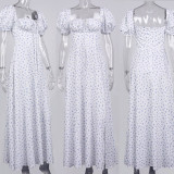 Fashion Puff Sleeve Floral Print Lace High Split Midi Dresses