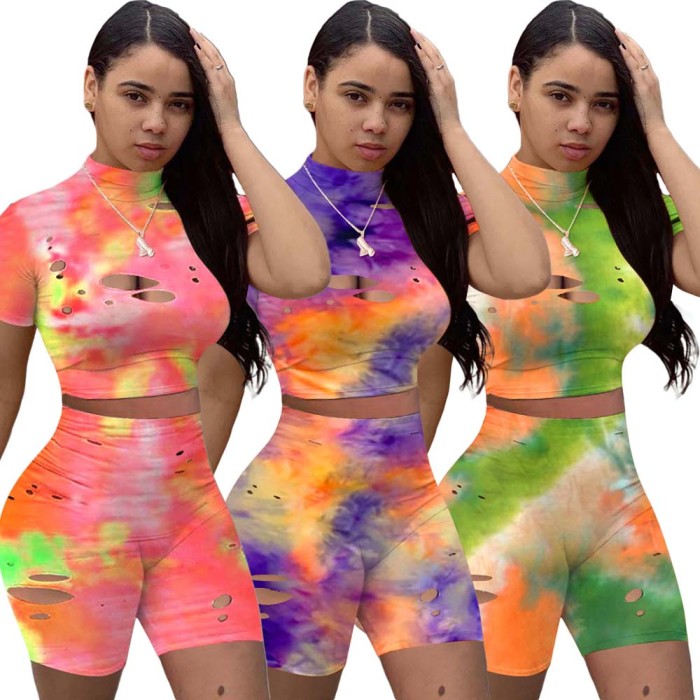 Tie Dye Leisure Sports Ripped Two-piece Suit
