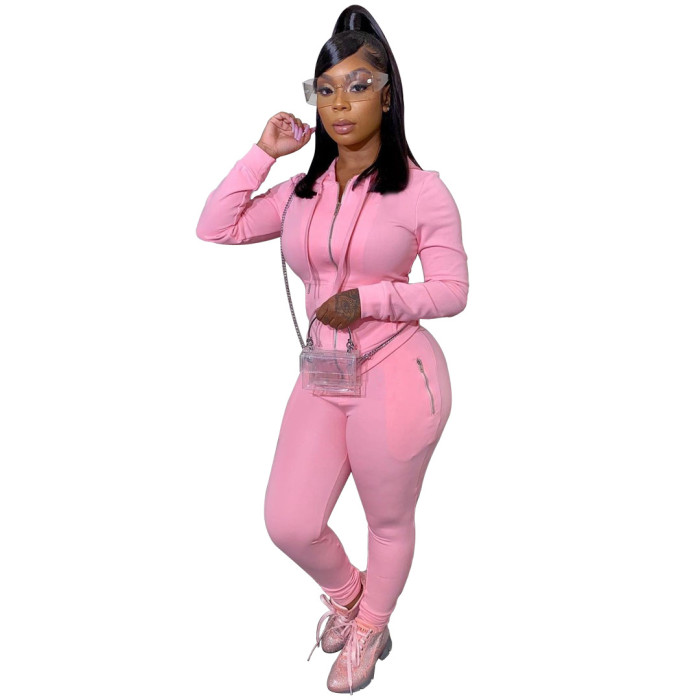 Autumn Solid Color Tight Hoodie Tracksuit