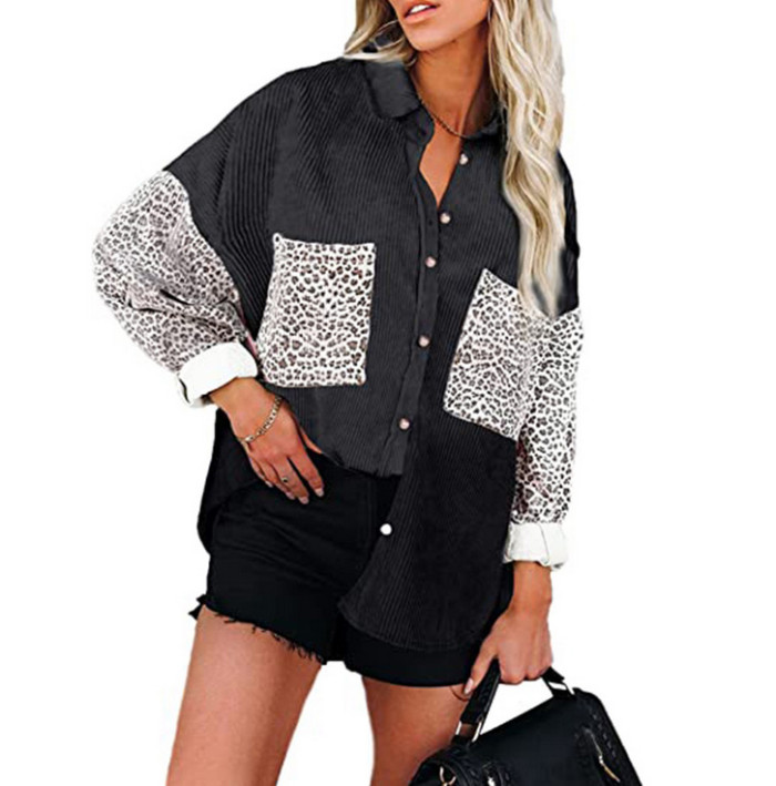 Corduroy Loose Stitching Leopard Long-sleeved Casual Shirt