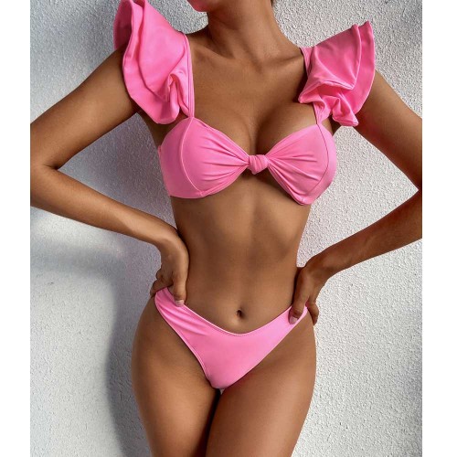 Solid Color Ruffled Swimsuit Suit