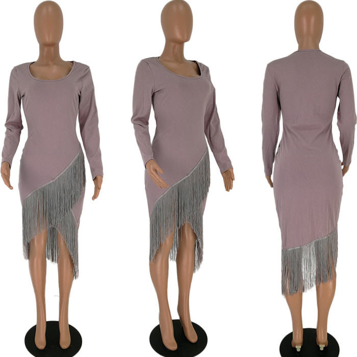 Long Sleeve Slim Tassel Midi Dress