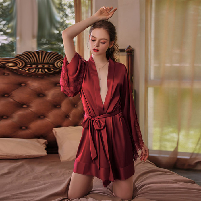 Nightgown] Sexy silk plain lace short sleeve cardigan bathrobe nightgown pajamas dress