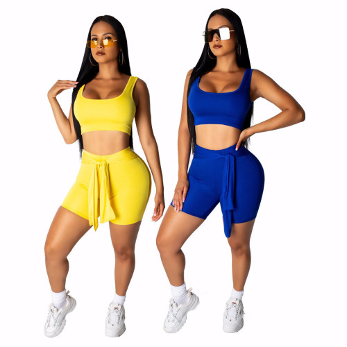 Solid Color Casual Sleeveless Lace-up Two-piece Shorts Set