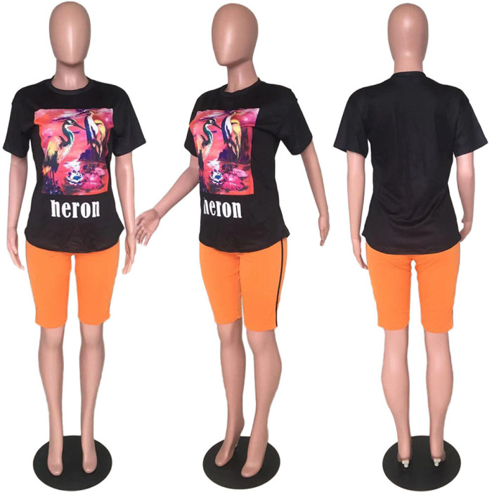 Black Printed tops Orange Color Pants Two Piece Set