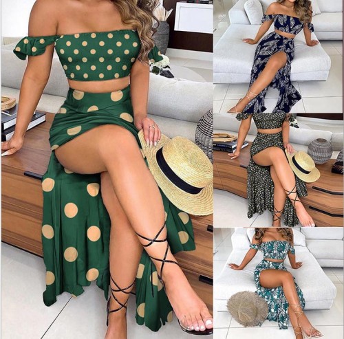Summer Print  Ruched Crop Top and Slit Long Skirt 2PC Matching Set