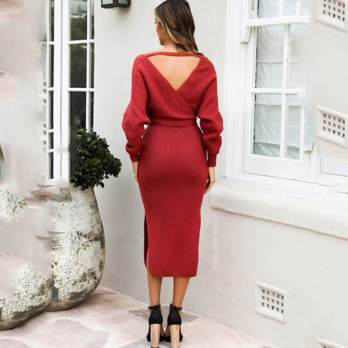 Knitted Slim Double V-neck Sweater Dress