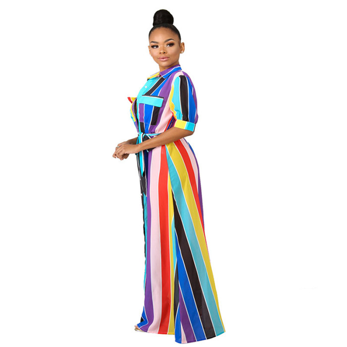 Multicolor Striped Pocket Style Maxi  Shirt Dress with Bottons