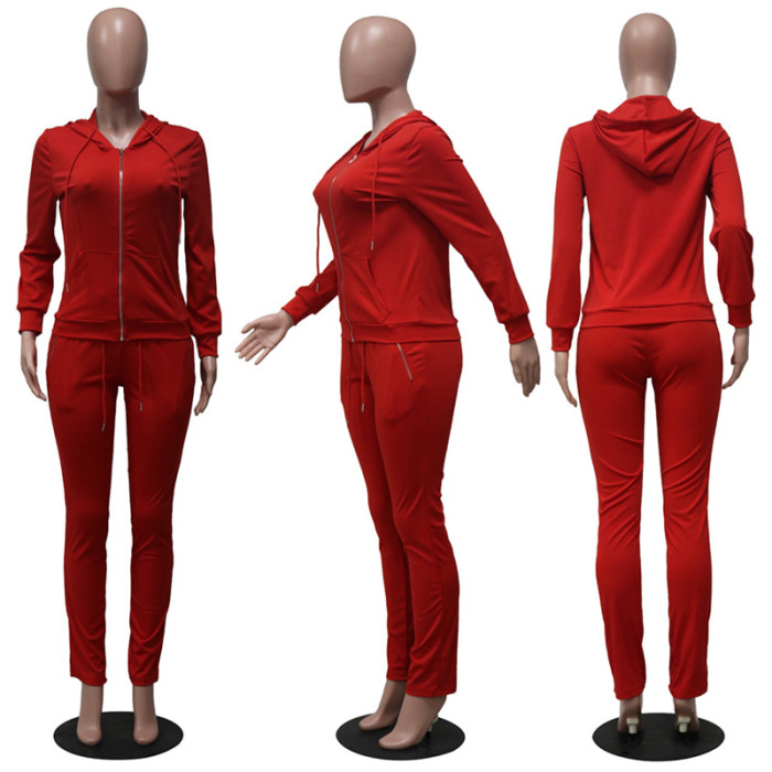 Autumn Solid Color Tight Hoodie Tracksuit
