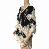 V Neck Crochet Hollow-out Button Front Smock Dress LE7718