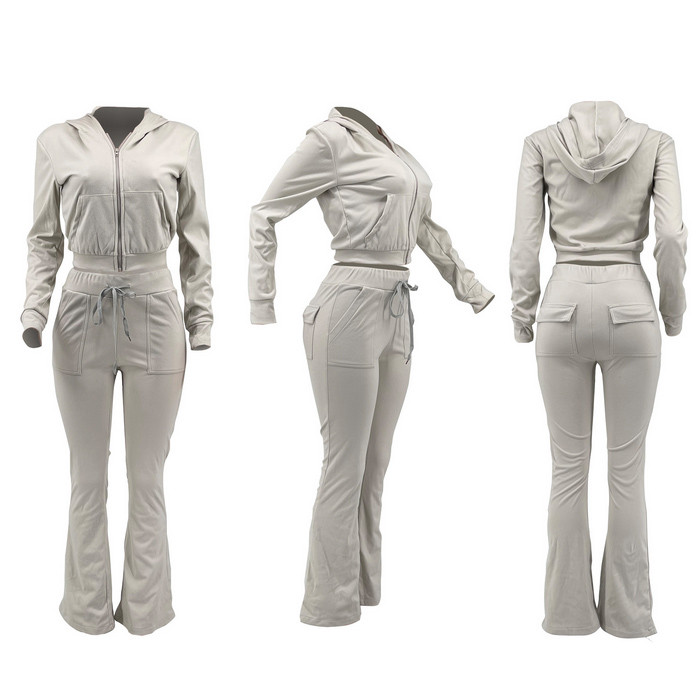 Zipper Hoodies And Flare Pant Two Piece Suit