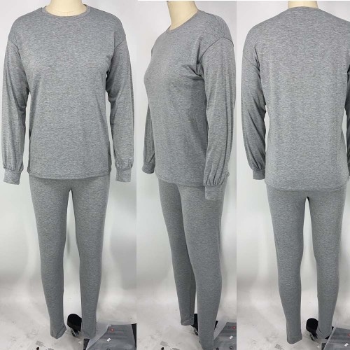 Pure Color Round Neck T-shirt Trousers Long Sleeve Casual Suit