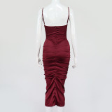 Pure Color Halter Pleated Pile Neck Party Midi Dress