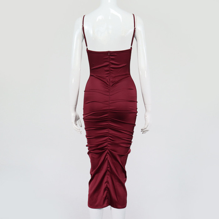 Pure Color Halter Pleated Pile Neck Party Midi Dress