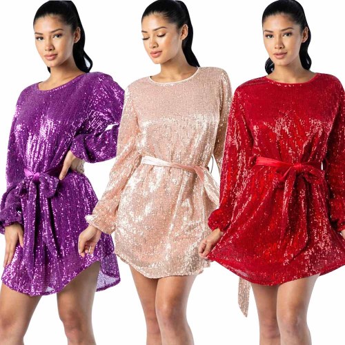 Sequined Long Sleeve Casual Perspective Mini Dress