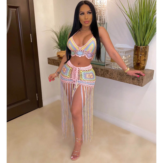 Multi Color Seaside Halter Bra and Tassels Skirt Set