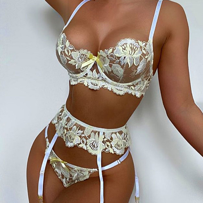 Three-piece Embroidered Sexy lingerie With Thong