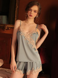 V-neck Satin Stitching Lace Sling Shorts Home Set