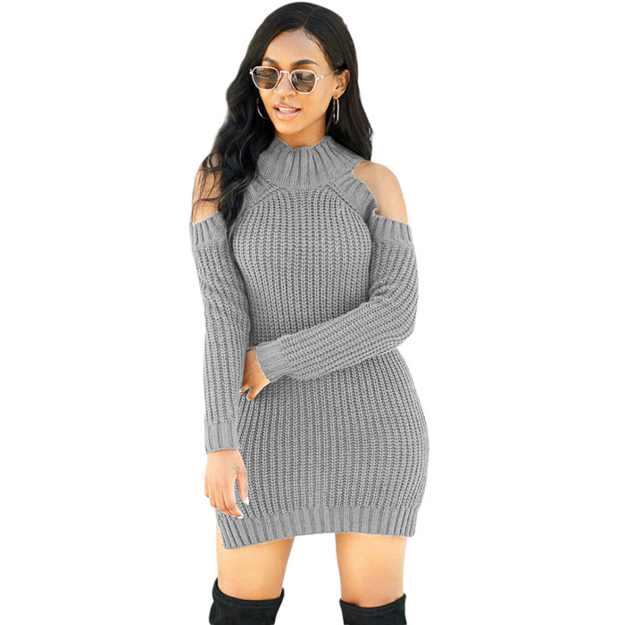 High Neck Cut Shoulder Bodycon Sweater Dress