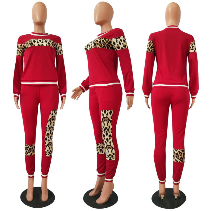 Leopard Print O-Neck Long Sleeve Sweatsuit