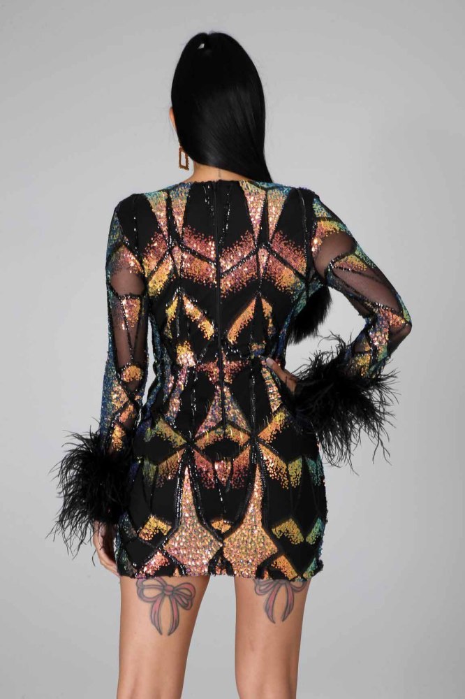 Occassional Sequins V-Neck Fur Mini Dress