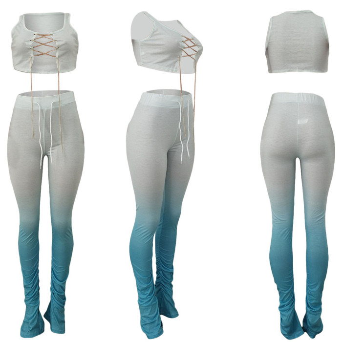 6-color Metal Chain Straps Pleated Split Micro Flare Pants Suit