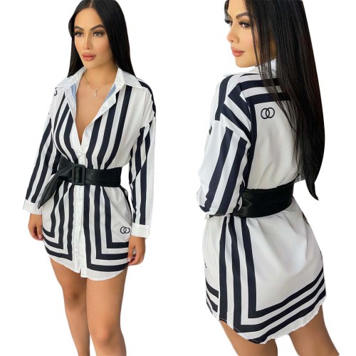 Women Black and White Striped Print Casual Long Sleeved Shirt