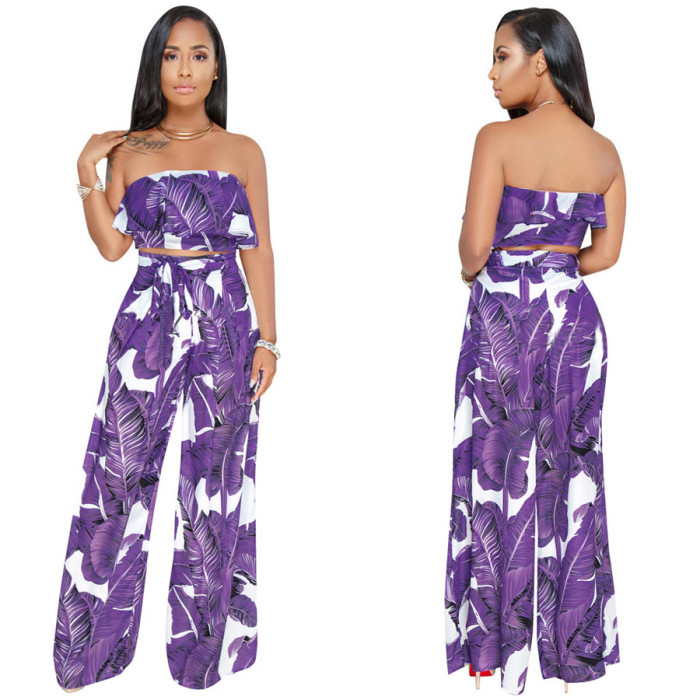 Floral Wrapped chest Wide Leg Two Piece Pants Sets