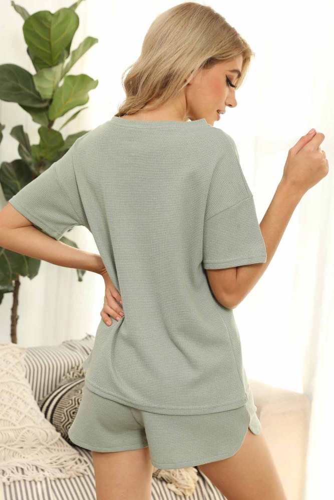 Solid Color Ribbed Short Sleeved Home Wear casual Two pieces Suit
