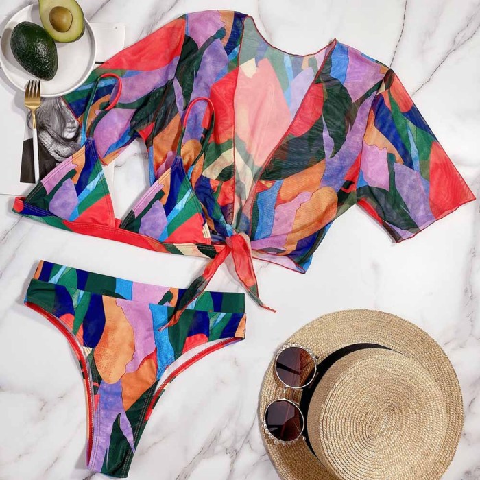High Cut 3PC Short Sleeve Colorful Swimwear with Cover-Up