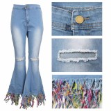 Fashion Slim Stretch Denim Flared Pants With Tie-Dye Fringed
