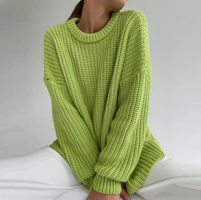 Pure Color Casual Loose Long Sleeve Round Neck Knitted Sweater