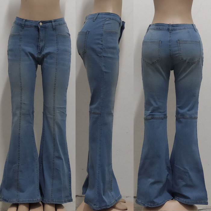 Stitching Washed Denim Stretch Slim Fared Pants