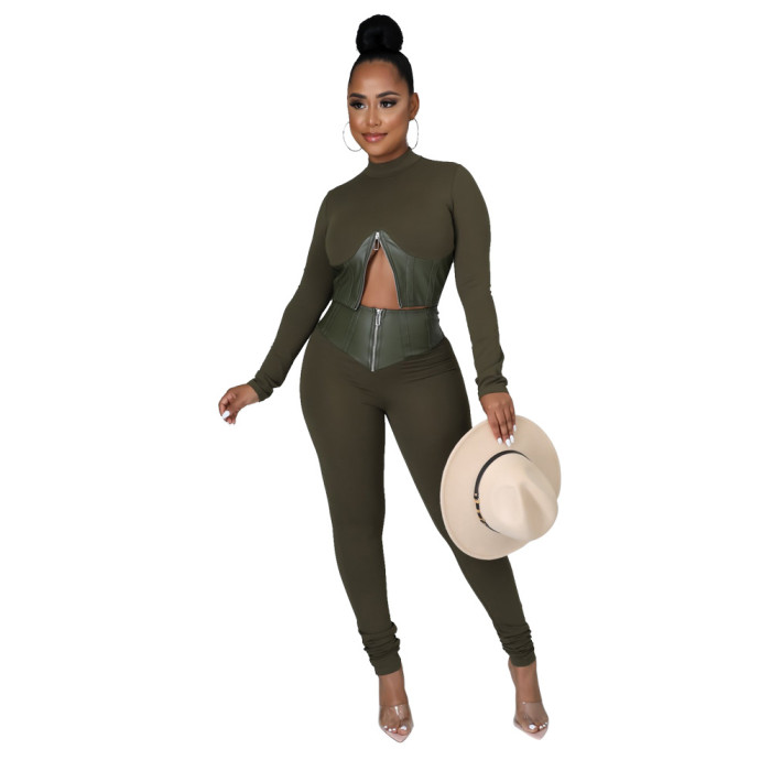 Half-high Collar Long Sleeved Zipper Top With Slim Pants two-piece Suit