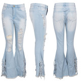 Slim Washed Ripped Tassel bottom Flared Pants
