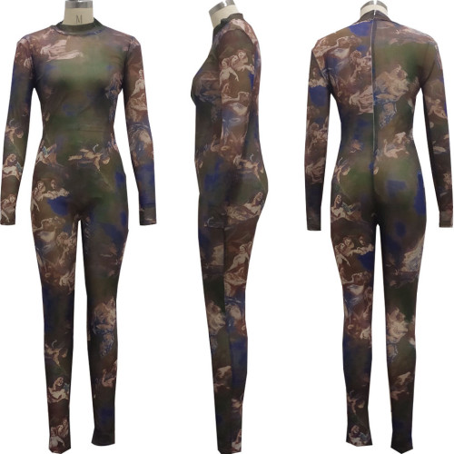 Sexy Fashion Mesh Printed Long Sleeved Jumpsuit