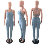 Slim Open Back Bandage Denim Jumpsuit