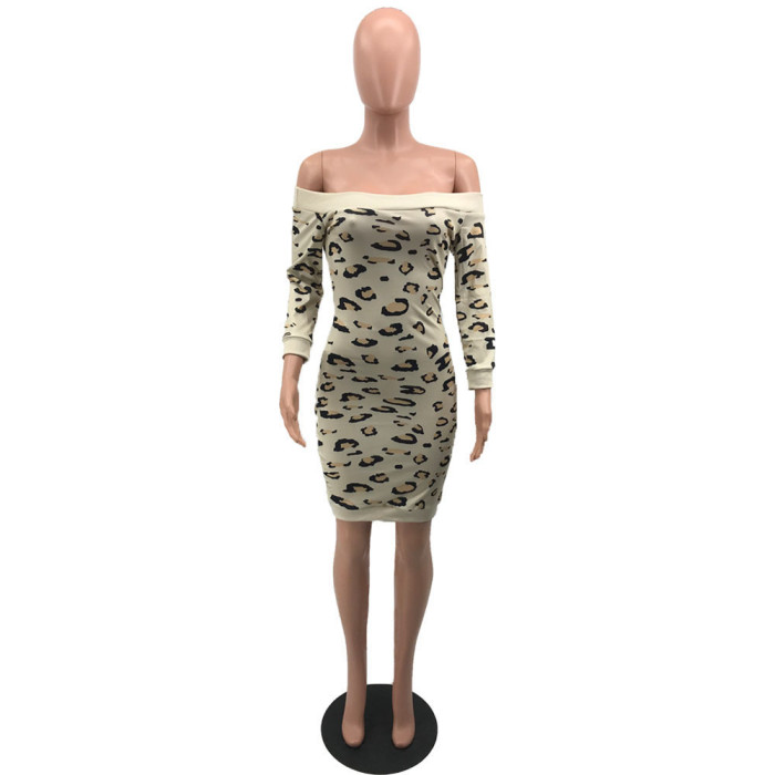 Leopard Print Off Shoulder Knitting Bodycon Dress