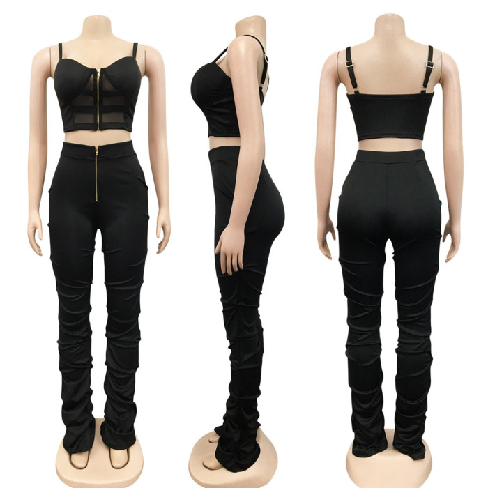 Two-piece Pleated Trousers With Sling Zipper Vest