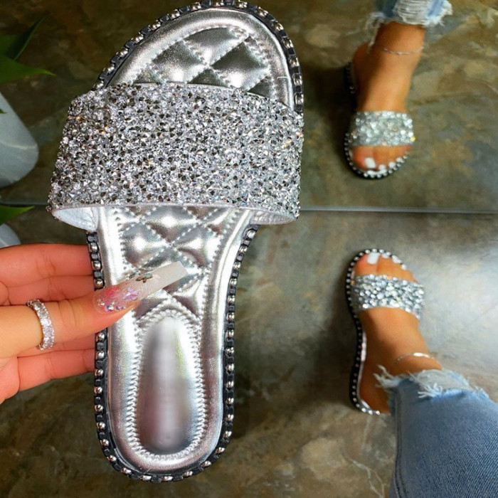 Women 's Sandals Shoes One Word Diamond Slippers Round Head
