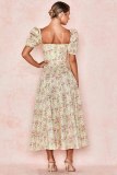 Fashion Puff Sleeve Floral Lace High Split Midi Dresses