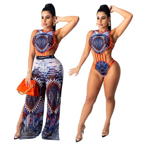 Women Bodysuits Top and Wide Leg Slits Trousers Two-piece Suit