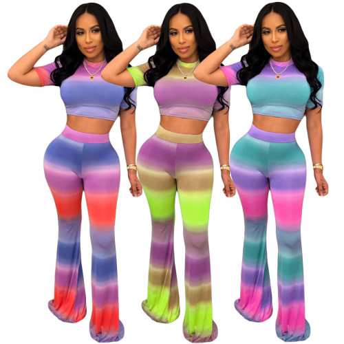 2 Piece Sets Rainbow Stripes Dye Top and Pant Set