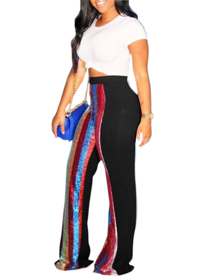 Polyester Elastic Fly High Sequin Striped Straight Pants Pants