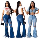 Slim Washed Ripped Tassel bottom Flared Pants