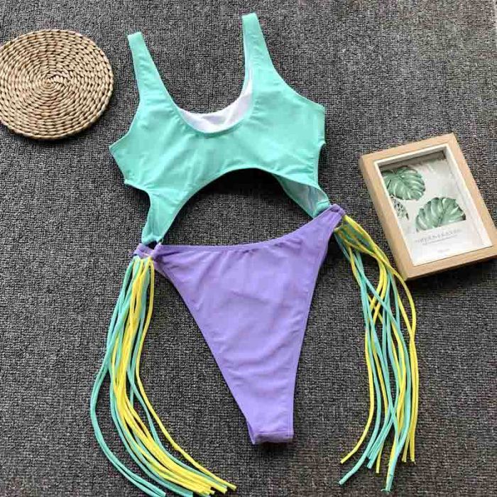 Block Color One-Piece Tassle Swimwear