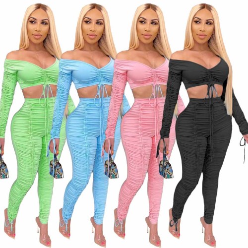 Pleated Breast Wrap Casual two piece sets women